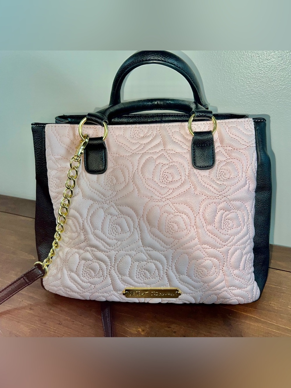 Betsey Johnson Pink and Black Quilted Satchel with Striped Bow - Picture 4 of 9